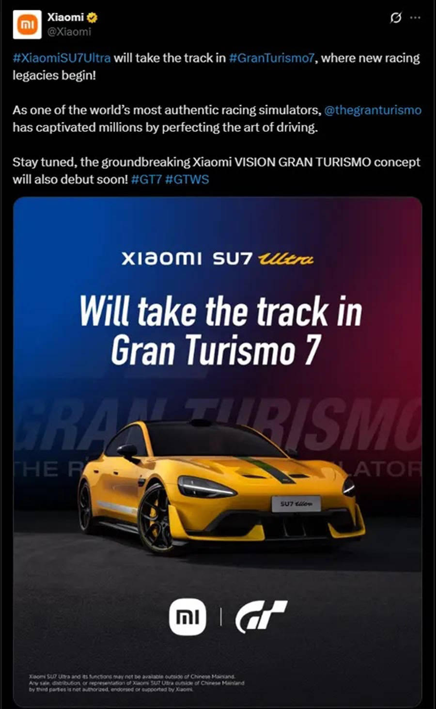 小米SU7 Ultra携手《GT赛车7》，中国品牌车型首登顶级赛车游戏舞台